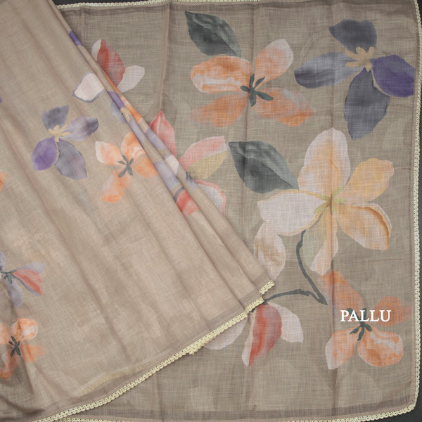 Semi Linen Light Brown Floral Printed Saree 03