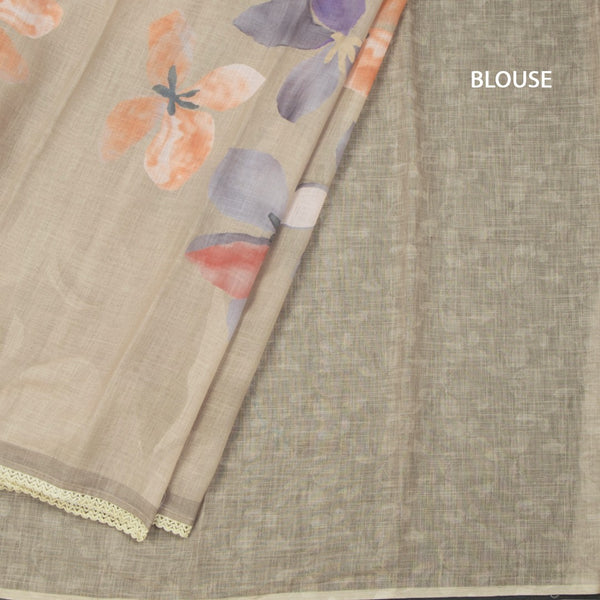 Semi Linen Light Brown Floral Printed Saree 03