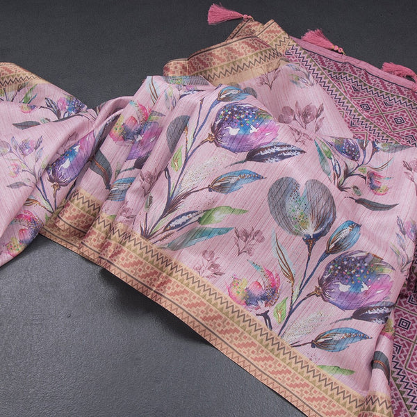 Semi Raw Silk Taffy Pink Floral Printed Saree