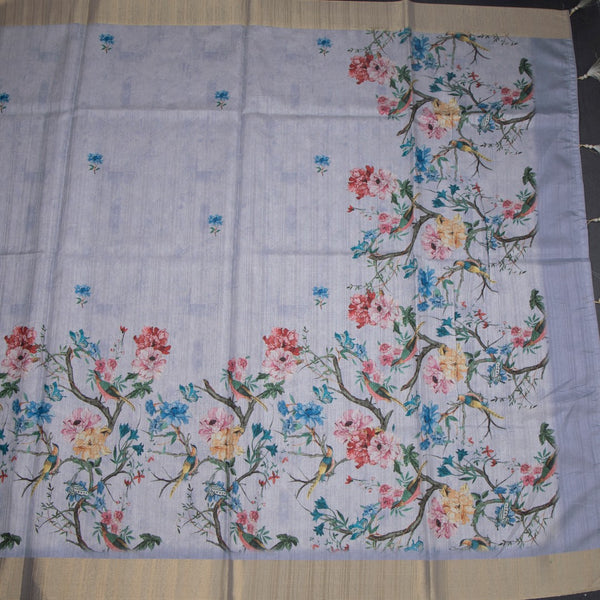 Semi Raw Silk Grey Printed Saree In Tree Design