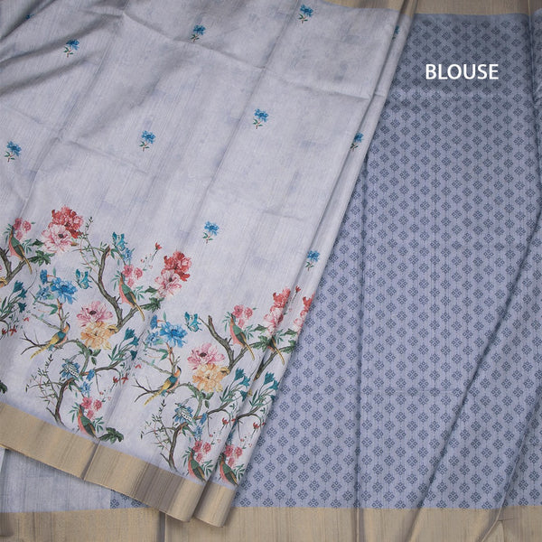 Semi Raw Silk Grey Printed Saree In Tree Design