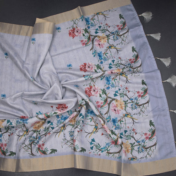 Semi Raw Silk Grey Printed Saree In Tree Design