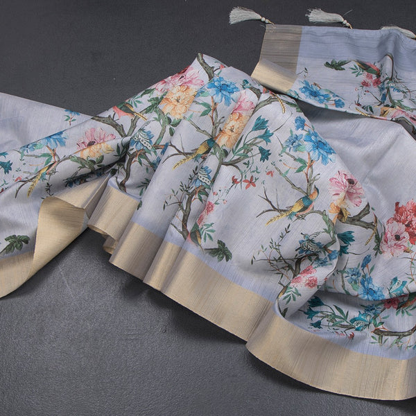 Semi Raw Silk Grey Printed Saree In Tree Design