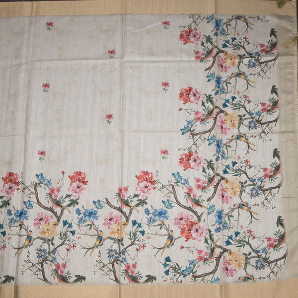 Semi Raw Silk Pista Green Printed Saree In Tree Design