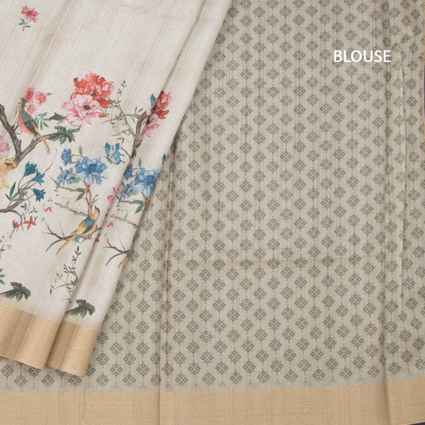 Semi Raw Silk Pista Green Printed Saree In Tree Design