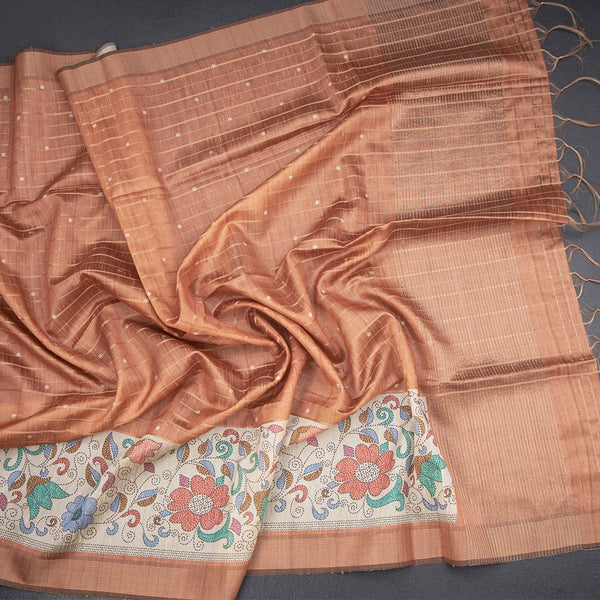 Raw Silk Pale Orange Zari Stripes Saree