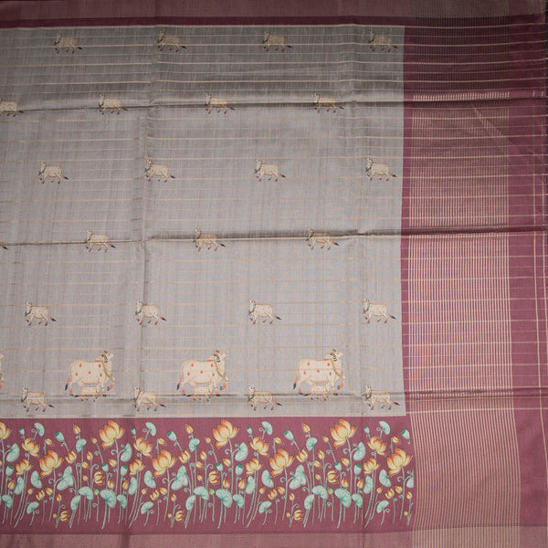 Raw Silk Grey Zari Stripes Saree With Animal Design