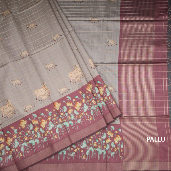 Raw Silk Grey Zari Stripes Saree With Animal Design