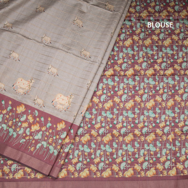 Raw Silk Grey Zari Stripes Saree With Animal Design