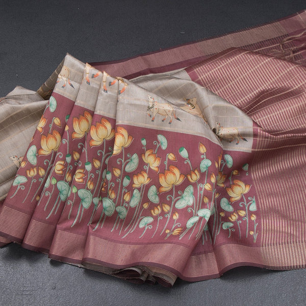 Raw Silk Grey Zari Stripes Saree With Animal Design