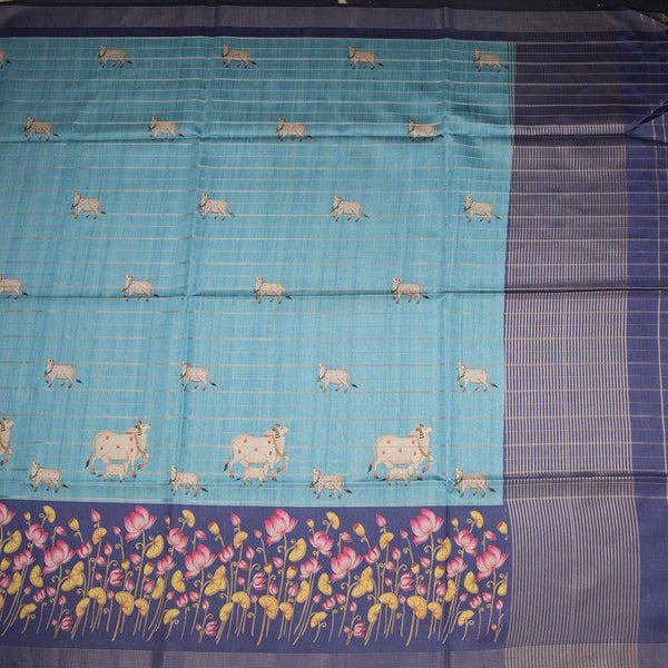 Raw Silk Light Blue Zari Stripes Saree With Animal Design