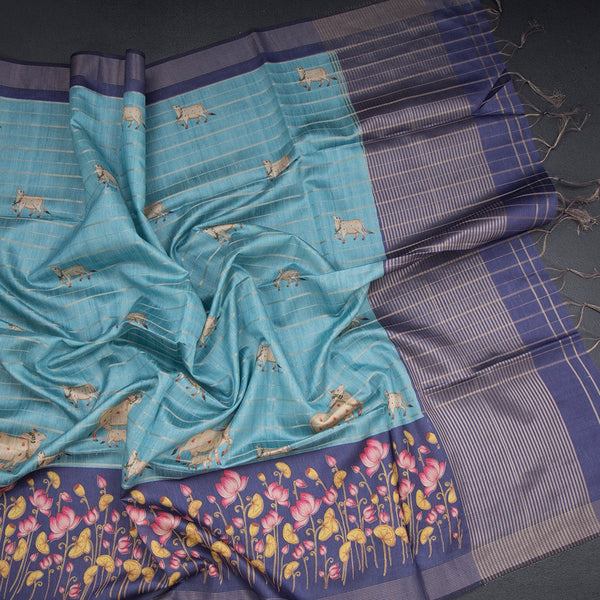 Raw Silk Light Blue Zari Stripes Saree With Animal Design
