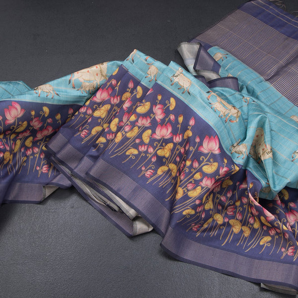 Raw Silk Light Blue Zari Stripes Saree With Animal Design