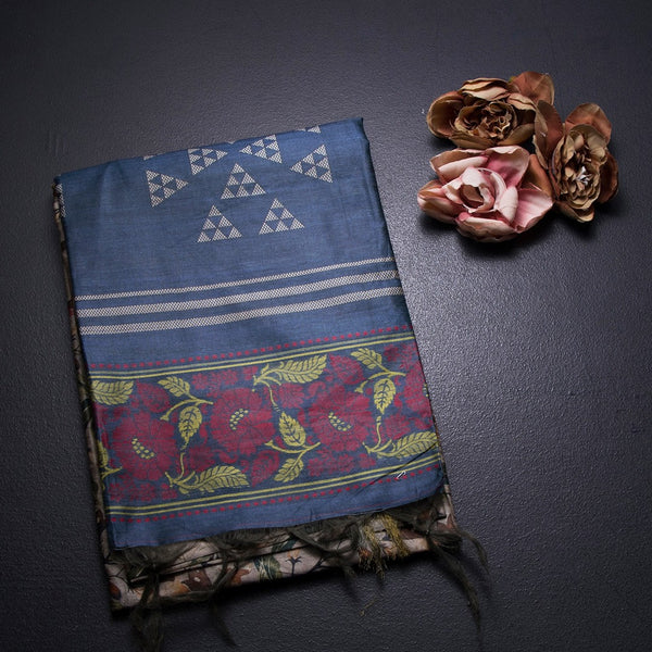 Raw Silk Cream Floral Printed Saree 03