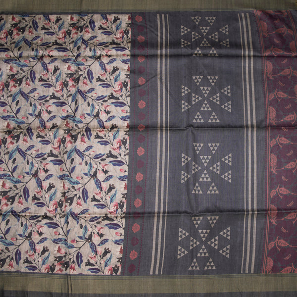 Raw Silk Cream Floral Printed Saree 04