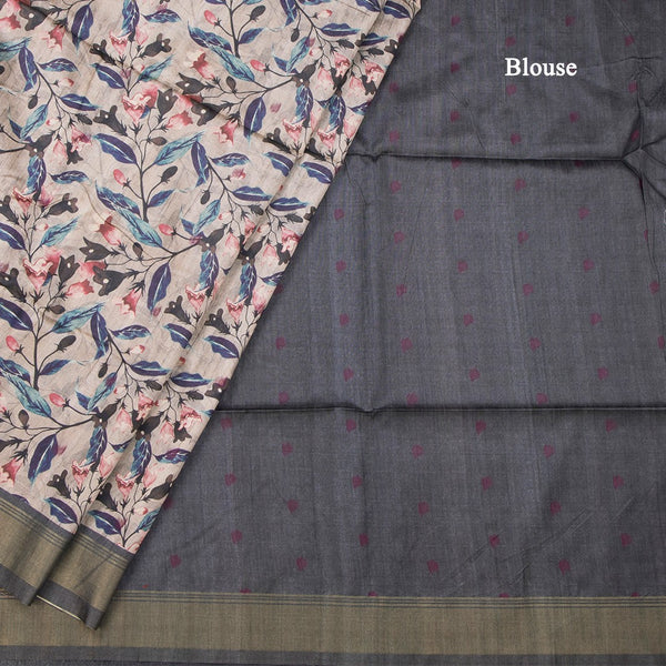 Raw Silk Cream Floral Printed Saree 04