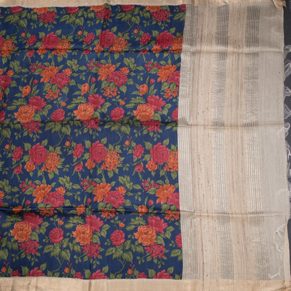 Pure Tussar Dark Blue Floral Printed Saree 02