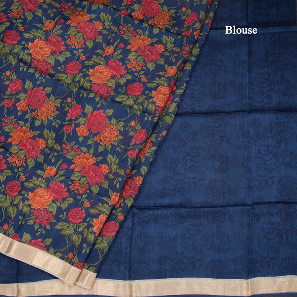 Pure Tussar Dark Blue Floral Printed Saree 02
