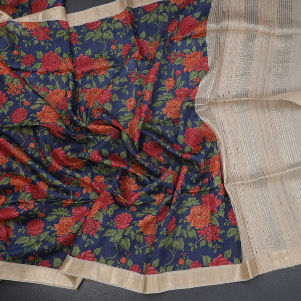 Pure Tussar Dark Blue Floral Printed Saree 02