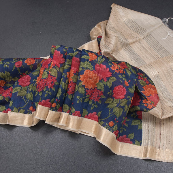 Pure Tussar Dark Blue Floral Printed Saree 02