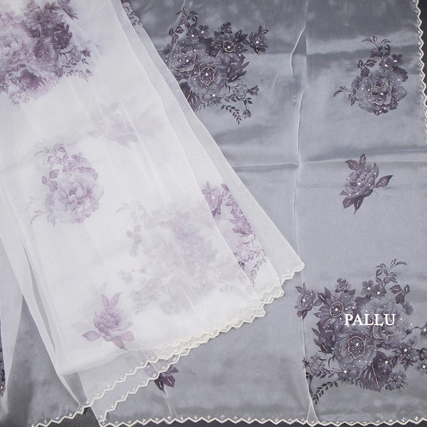 Organza Cream Printed With Sequence Work Saree