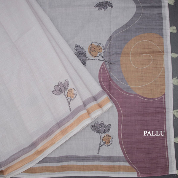 Semi Linen Grey Thread Work Saree