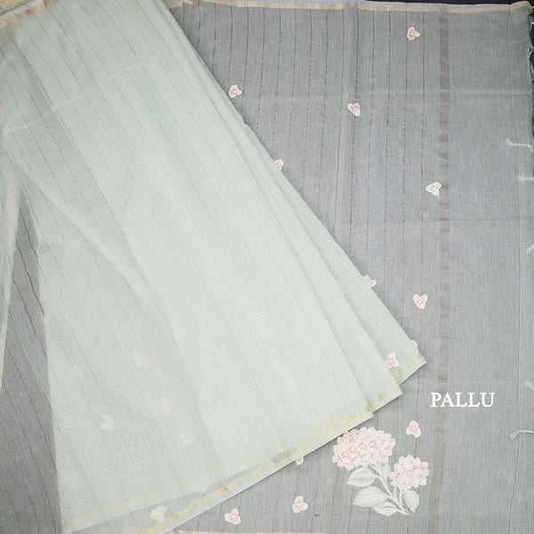 Raw Silk Mint Green Stripes With Floral Thread Work Saree