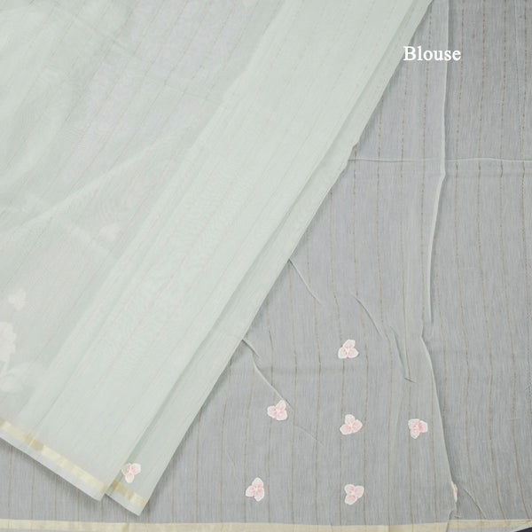 Raw Silk Mint Green Stripes With Floral Thread Work Saree