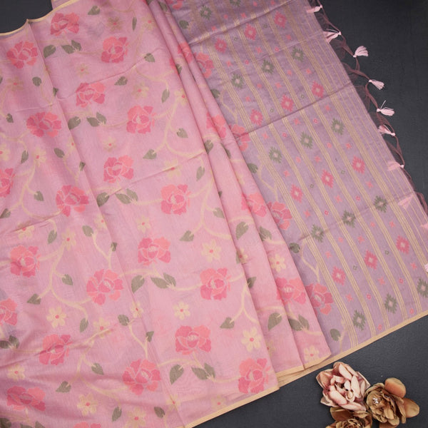 Silk Cotton Pink Floral Thread Work Saree