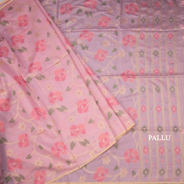 Silk Cotton Pink Floral Thread Work Saree