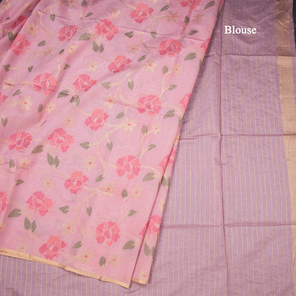 Silk Cotton Pink Floral Thread Work Saree