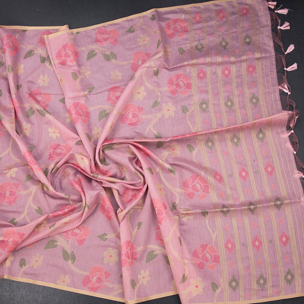 Silk Cotton Pink Floral Thread Work Saree