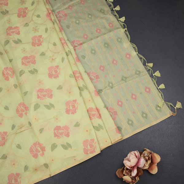 Silk Cotton Light Green Floral Thread Work Saree
