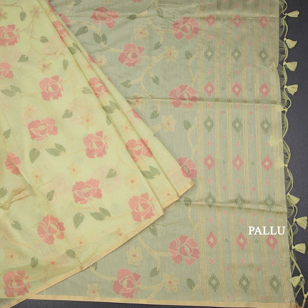 Silk Cotton Light Green Floral Thread Work Saree
