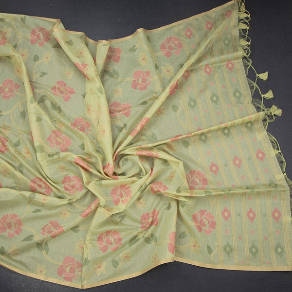 Silk Cotton Light Green Floral Thread Work Saree