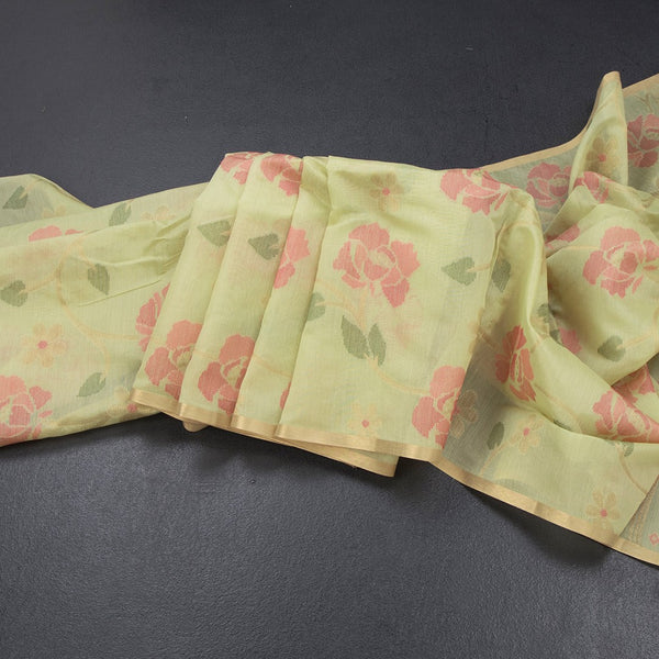 Silk Cotton Light Green Floral Thread Work Saree