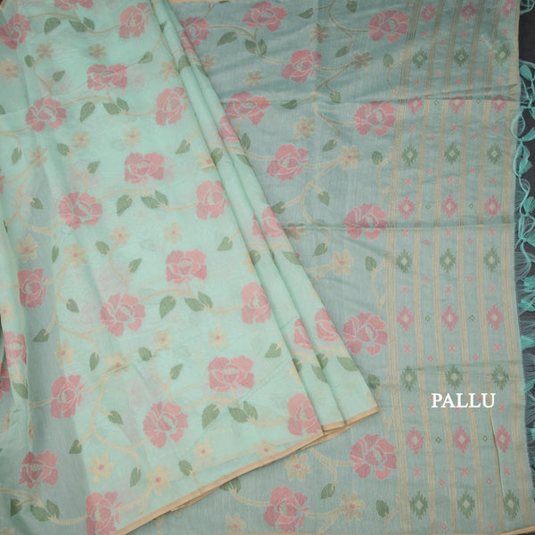 Silk Cotton Mint Green Floral Thread Work Saree