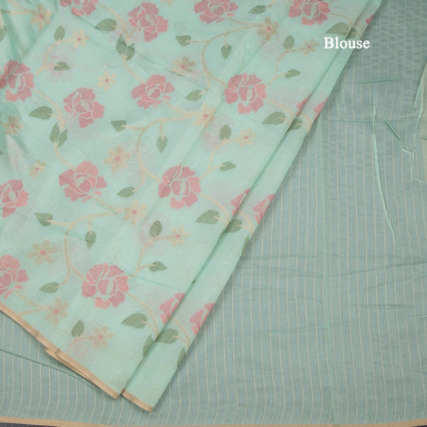 Silk Cotton Mint Green Floral Thread Work Saree