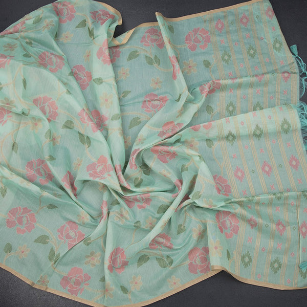 Silk Cotton Mint Green Floral Thread Work Saree