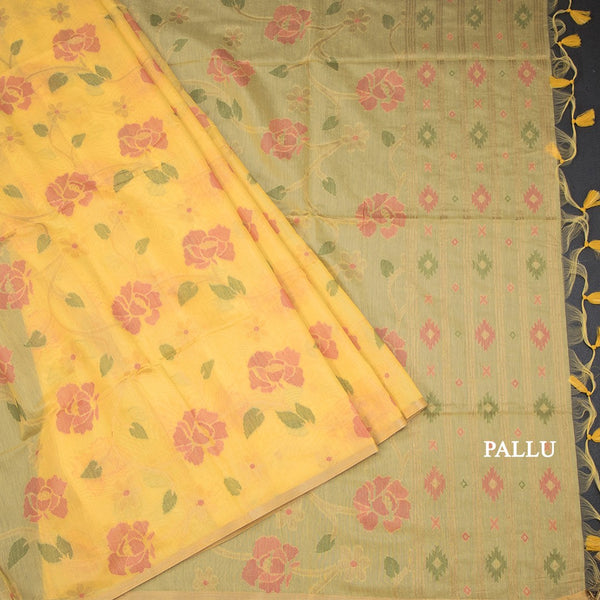 Silk Cotton Yellow Floral Thread Work Saree