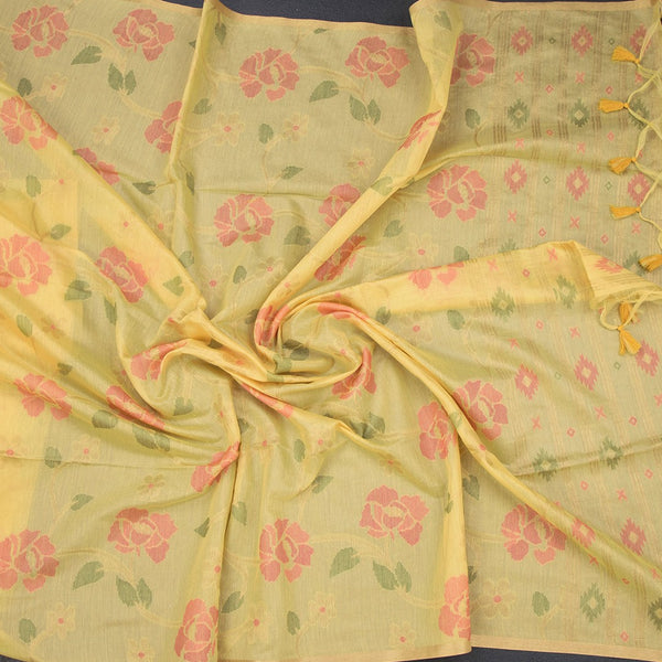 Silk Cotton Yellow Floral Thread Work Saree