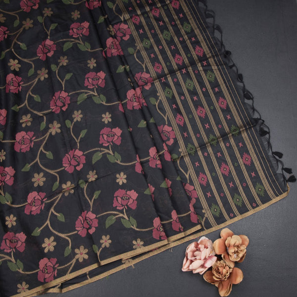 Silk Cotton Black Floral Thread Work Saree