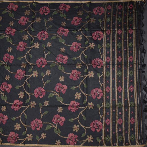 Silk Cotton Black Floral Thread Work Saree