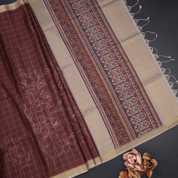 Raw Silk Maroon Checks With Printed Saree
