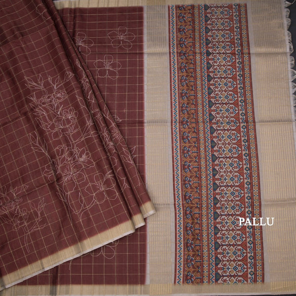 Raw Silk Maroon Checks With Printed Saree