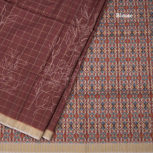 Raw Silk Maroon Checks With Printed Saree