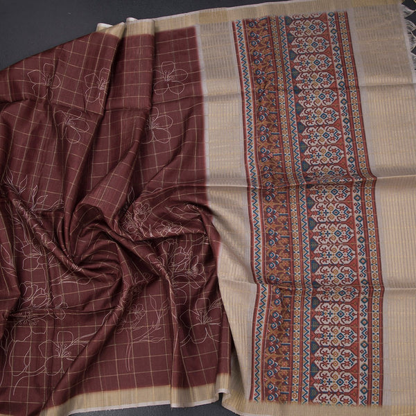 Raw Silk Maroon Checks With Printed Saree
