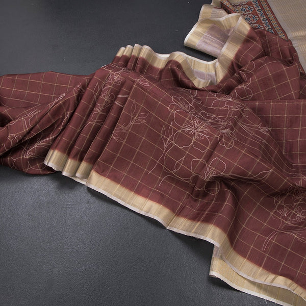 Raw Silk Maroon Checks With Printed Saree