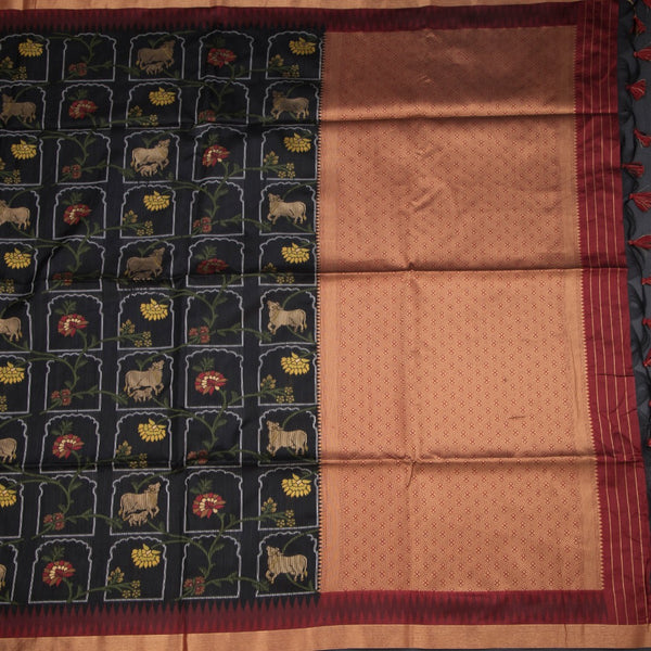 Raw Silk Black Printed Saree And Zari Border
