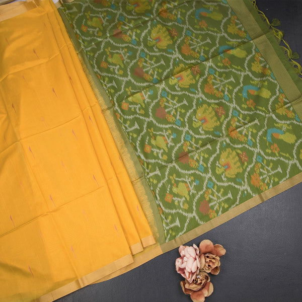 Silk Cotton Mango Yellow Saree With Malli Moggu Design